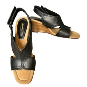 Clarks Navy Blue Leather Slingback Stacked Platform Heel 10M